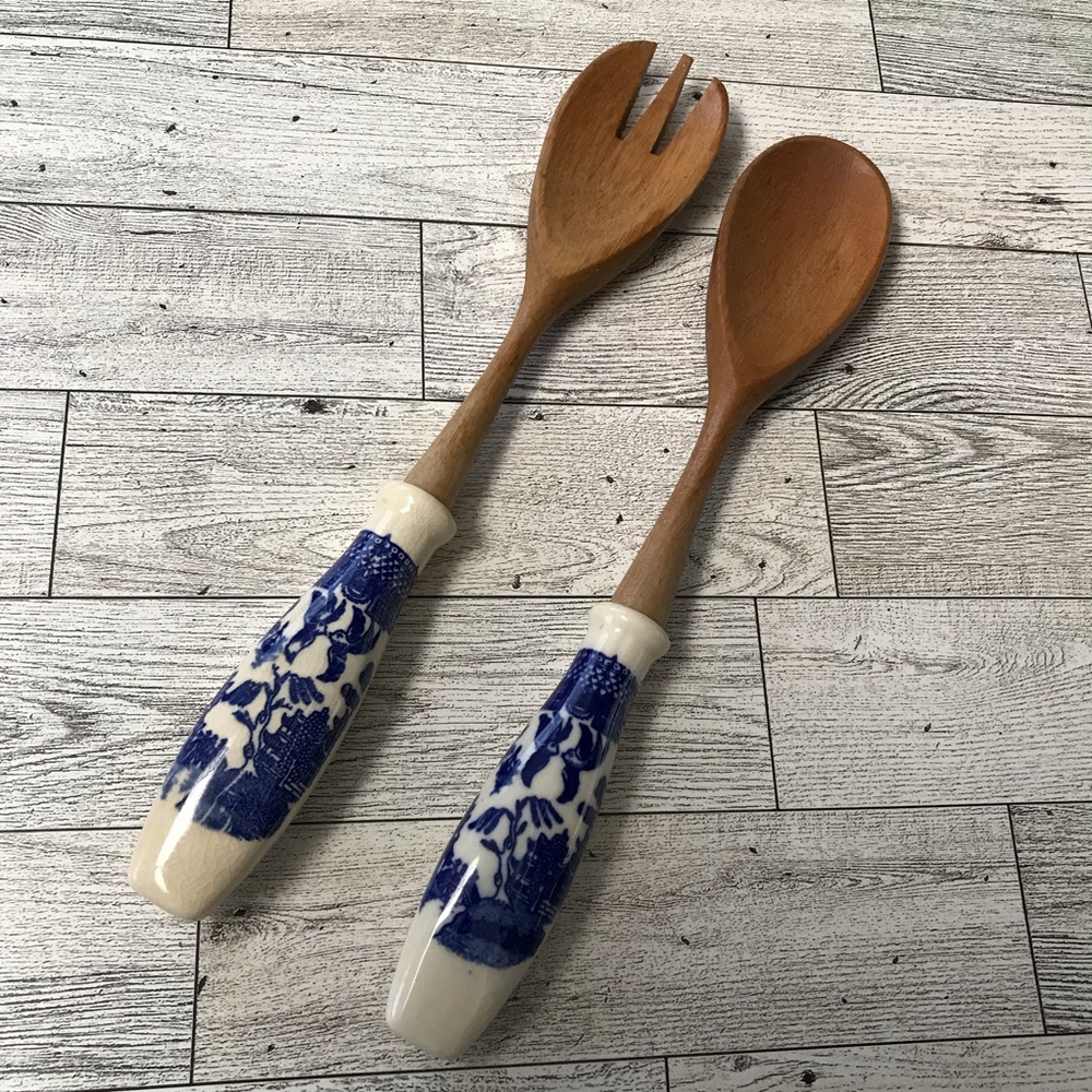 Vintage Wooden Salad Servers with Blue and White Handles
